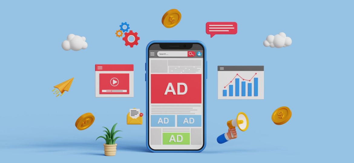 Online advertising on social media. PPC ad campaign. Targeted inbound ad. 3D digital marketing with programmatic social network advertising. Smartphone advertising