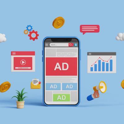 Online advertising on social media. PPC ad campaign. Targeted inbound ad. 3D digital marketing with programmatic social network advertising. Smartphone advertising